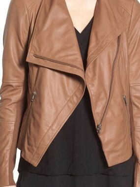 Trouve Camel Faux Leather Draped Moto Jacket